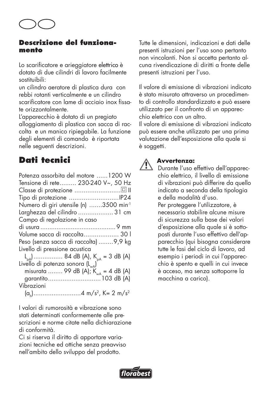 Dati tecnici, It ch | Florabest FLV 1200 A1 User Manual | Page 38 / 72