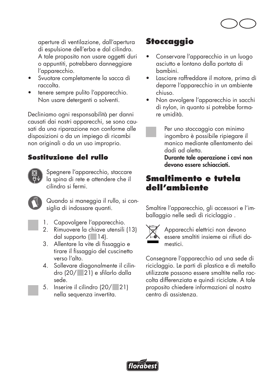 Stoccaggio, Smaltimento e tutela dell’ambiente, It ch | Florabest FLV 1200 A1 User Manual | Page 47 / 72