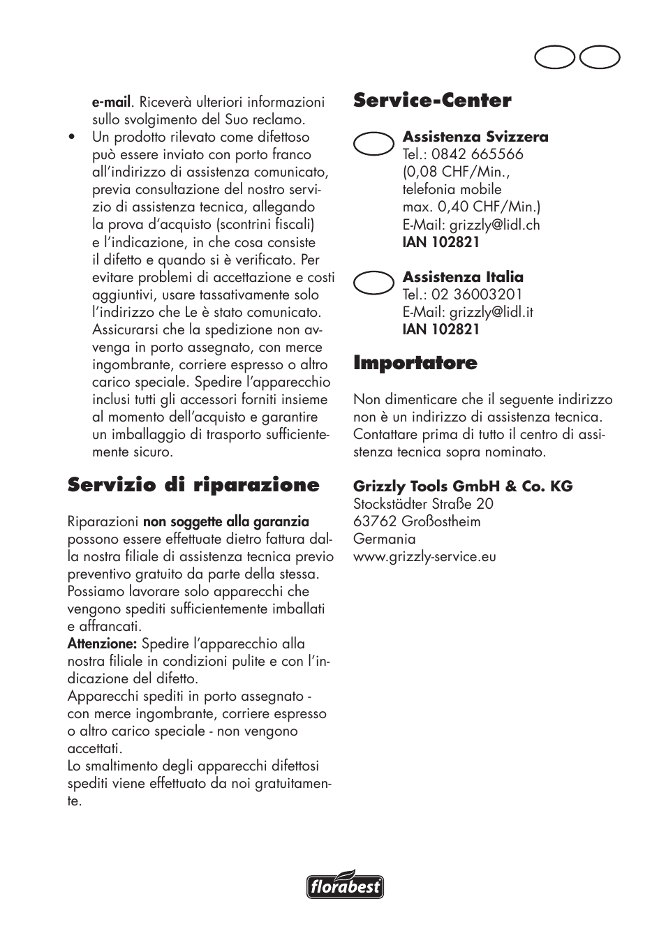 Servizio di riparazione, Service-center, Importatore | It ch, Ch it | Florabest FLV 1200 A1 User Manual | Page 51 / 72