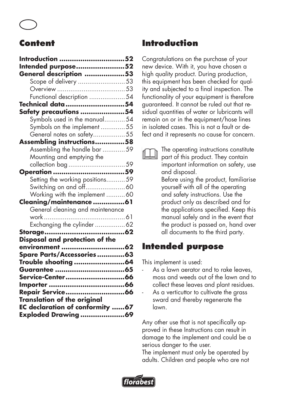 Content, Introduction, Intended purpose | Florabest FLV 1200 A1 User Manual | Page 52 / 72