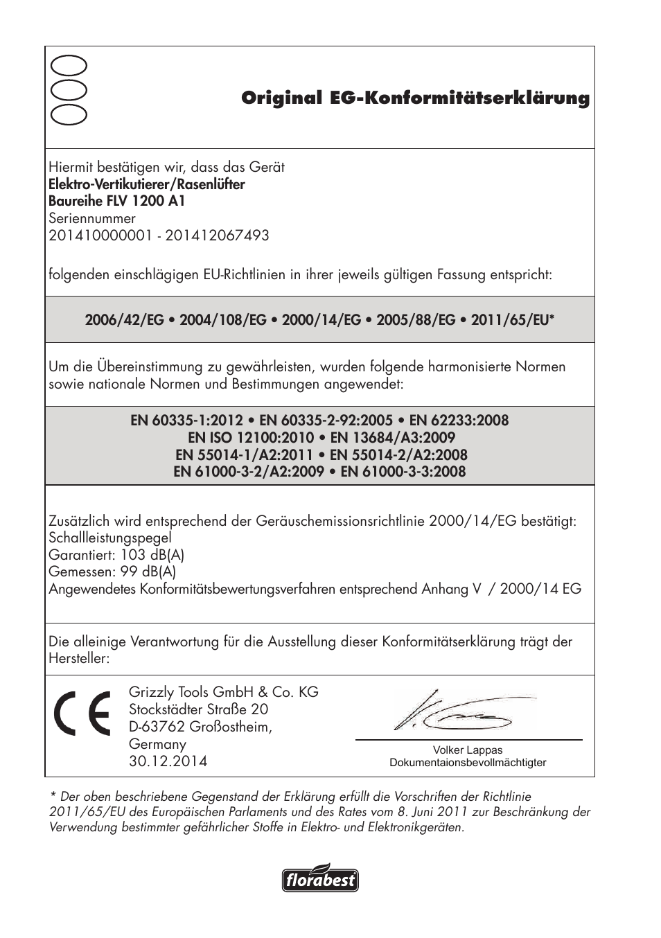 Original eg-konformitätserklärung | Florabest FLV 1200 A1 User Manual | Page 112 / 116