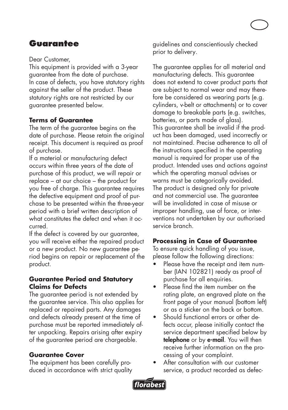 Guarantee | Florabest FLV 1200 A1 User Manual | Page 17 / 116