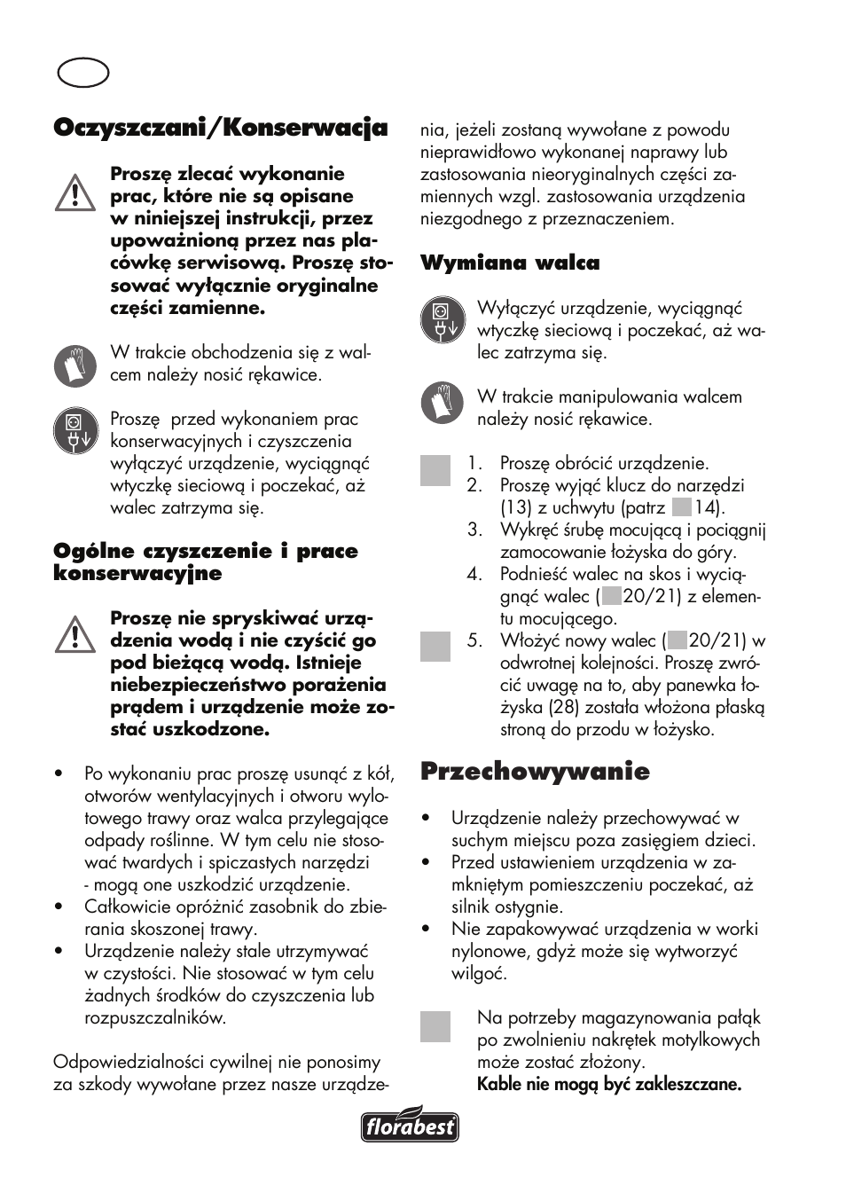 Oczyszczani/konserwacja, Przechowywanie | Florabest FLV 1200 A1 User Manual | Page 30 / 116