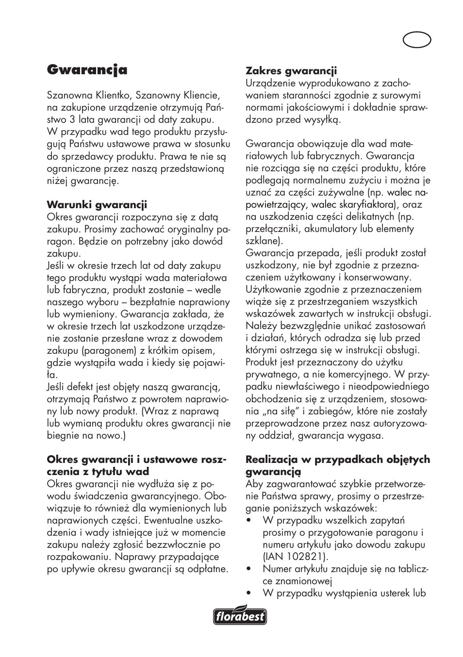 Gwarancja | Florabest FLV 1200 A1 User Manual | Page 33 / 116