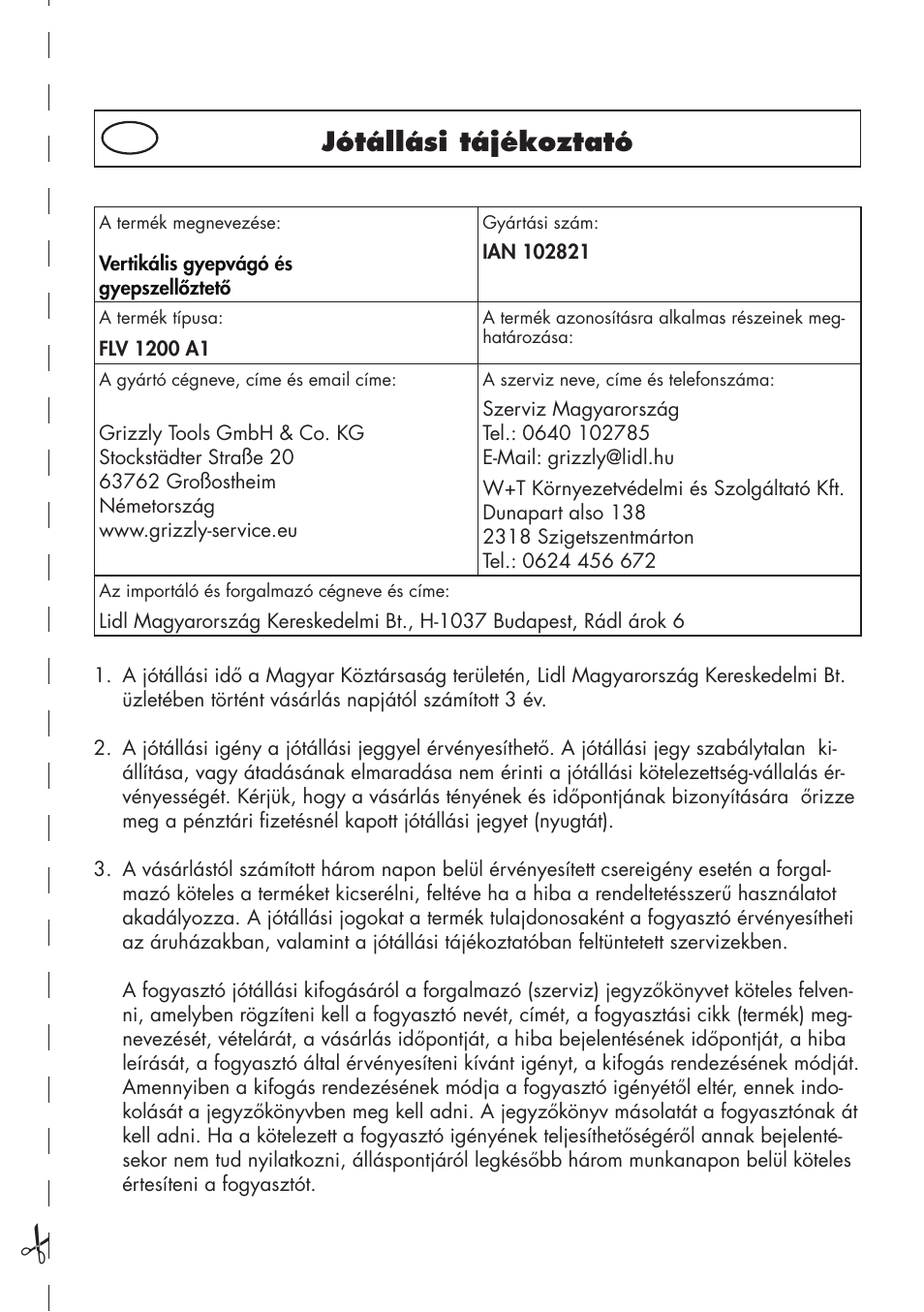 Jótállási tájékoztató | Florabest FLV 1200 A1 User Manual | Page 47 / 116