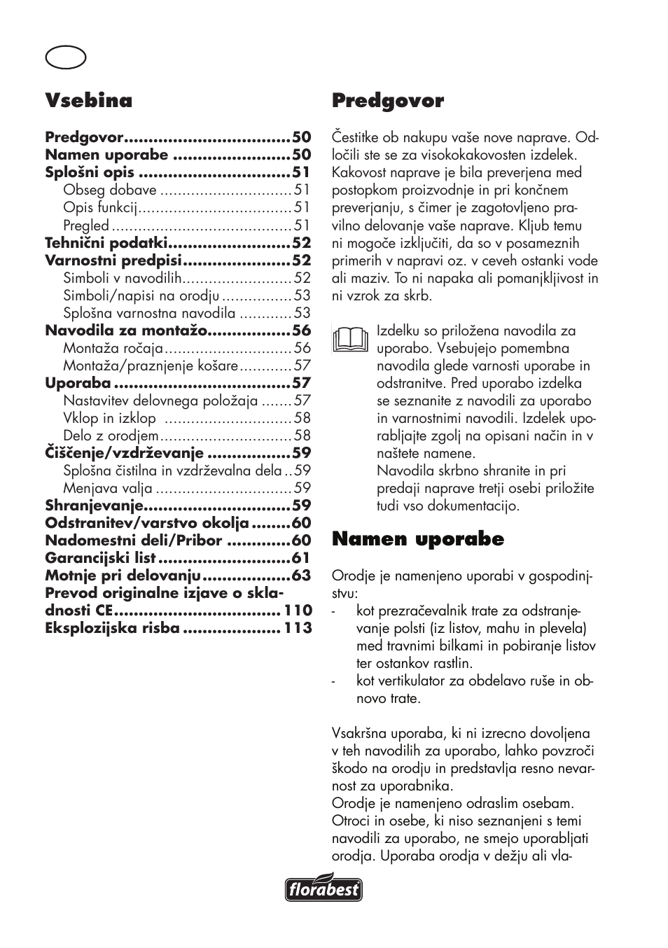 Vsebina, Predgovor, Namen uporabe | Florabest FLV 1200 A1 User Manual | Page 50 / 116