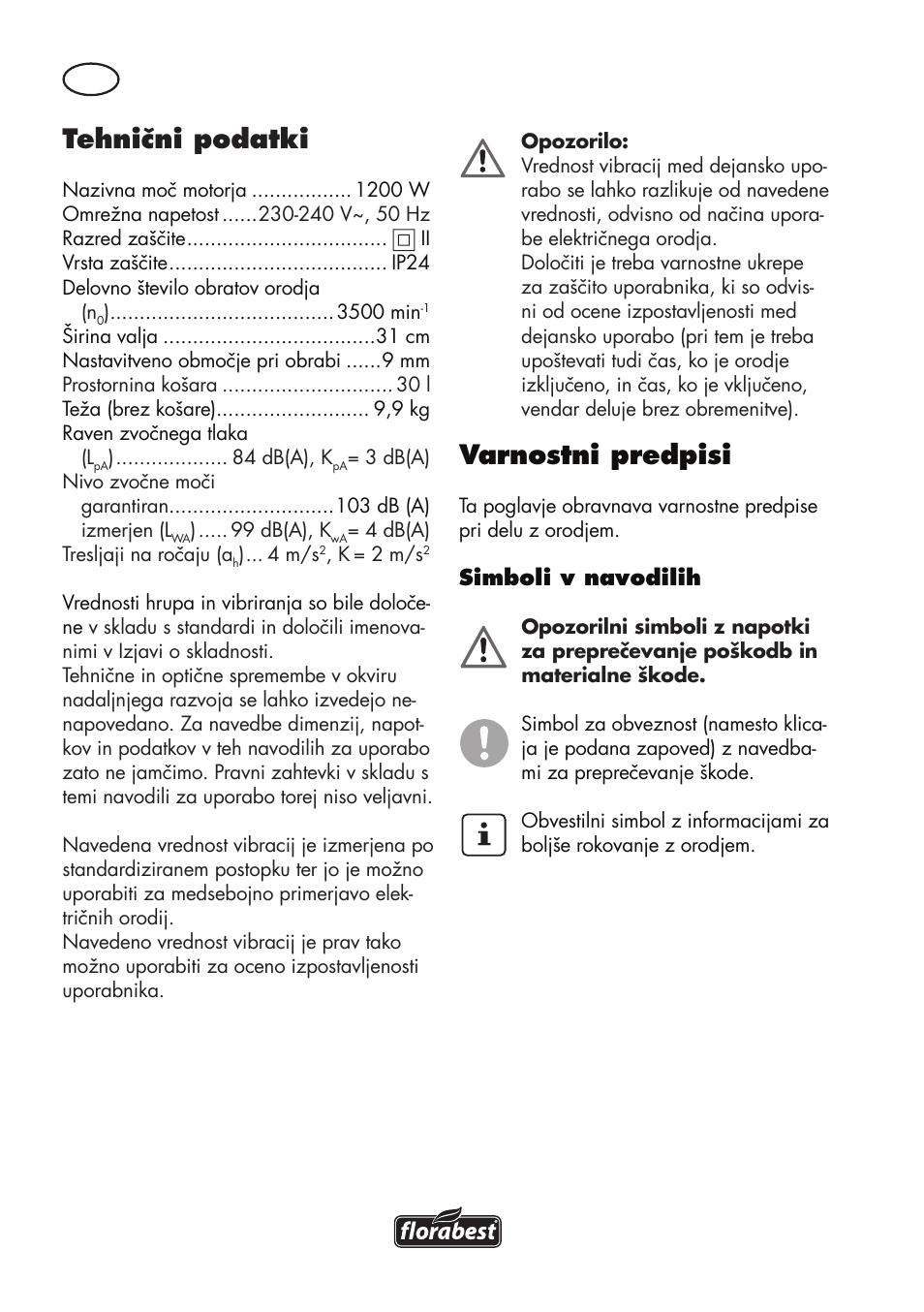 Tehnični podatki, Varnostni predpisi | Florabest FLV 1200 A1 User Manual | Page 52 / 116