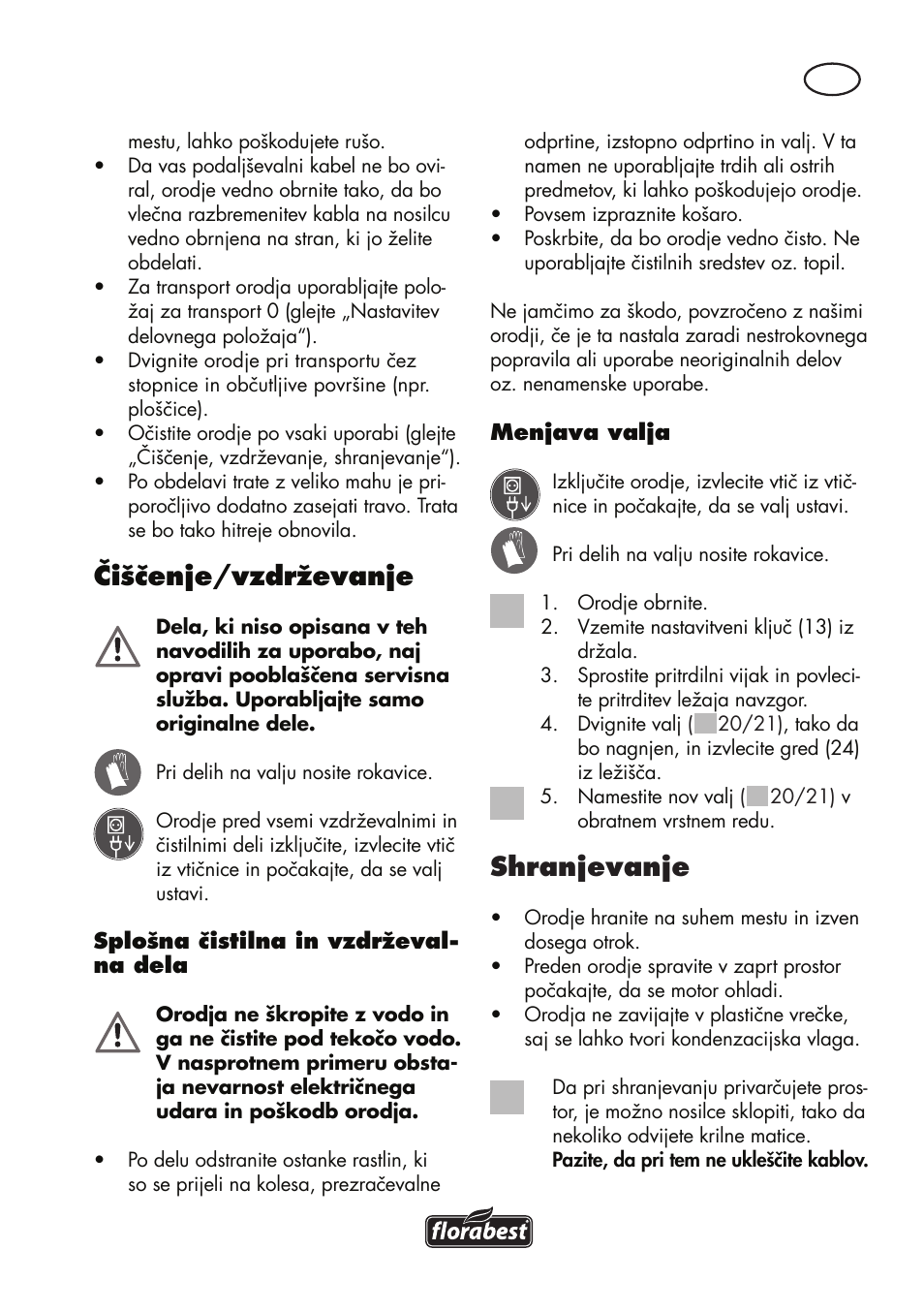 Čiščenje/vzdrževanje, Shranjevanje | Florabest FLV 1200 A1 User Manual | Page 59 / 116