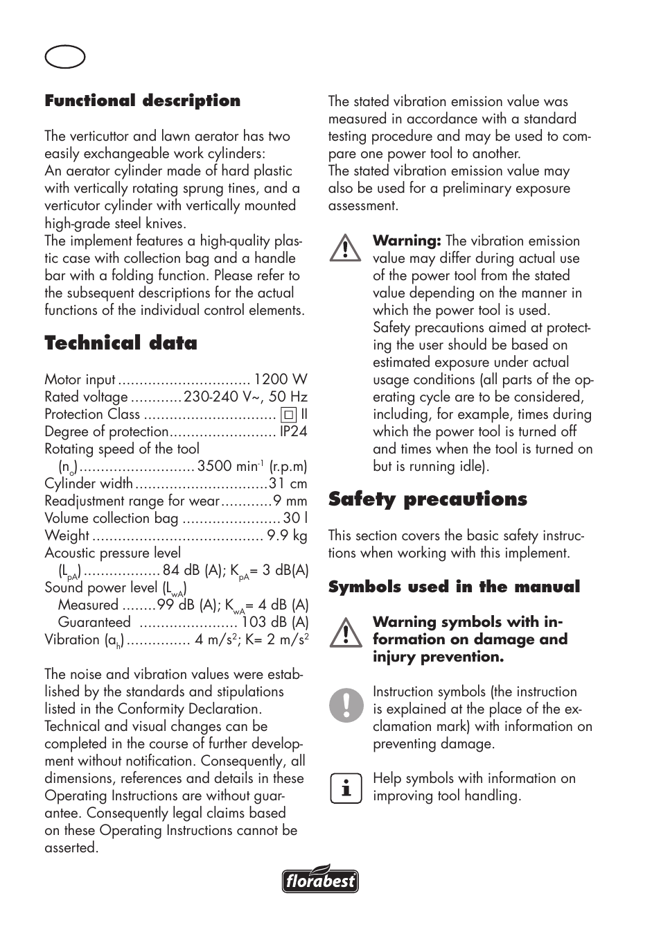 Technical data, Safety precautions | Florabest FLV 1200 A1 User Manual | Page 6 / 116