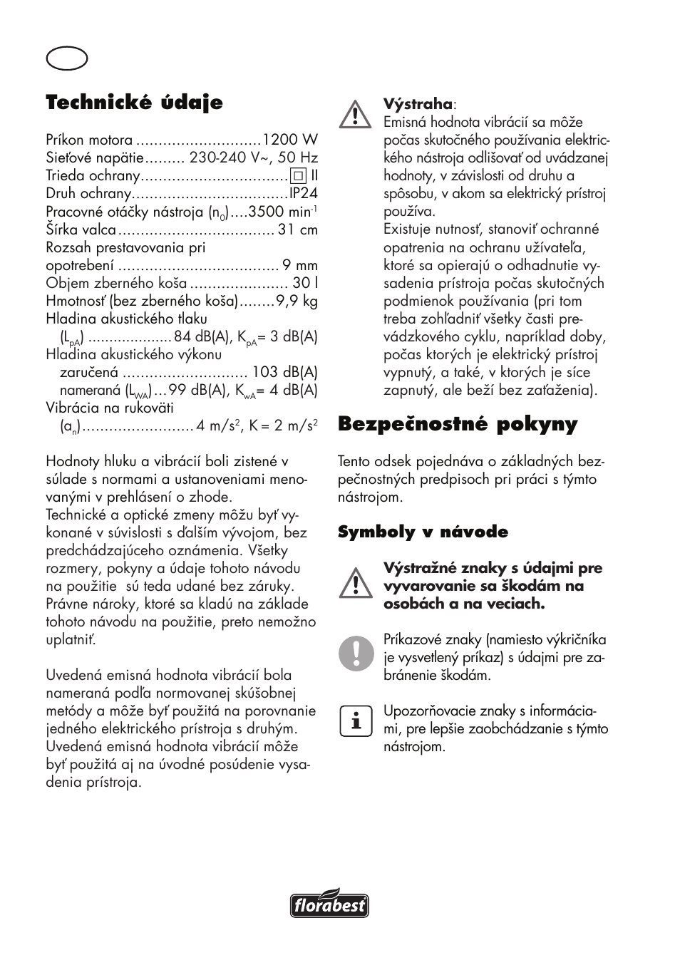 Technické údaje, Bezpečnostné pokyny | Florabest FLV 1200 A1 User Manual | Page 80 / 116