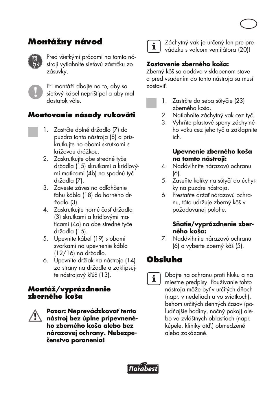 Montážny návod, Obsluha | Florabest FLV 1200 A1 User Manual | Page 85 / 116