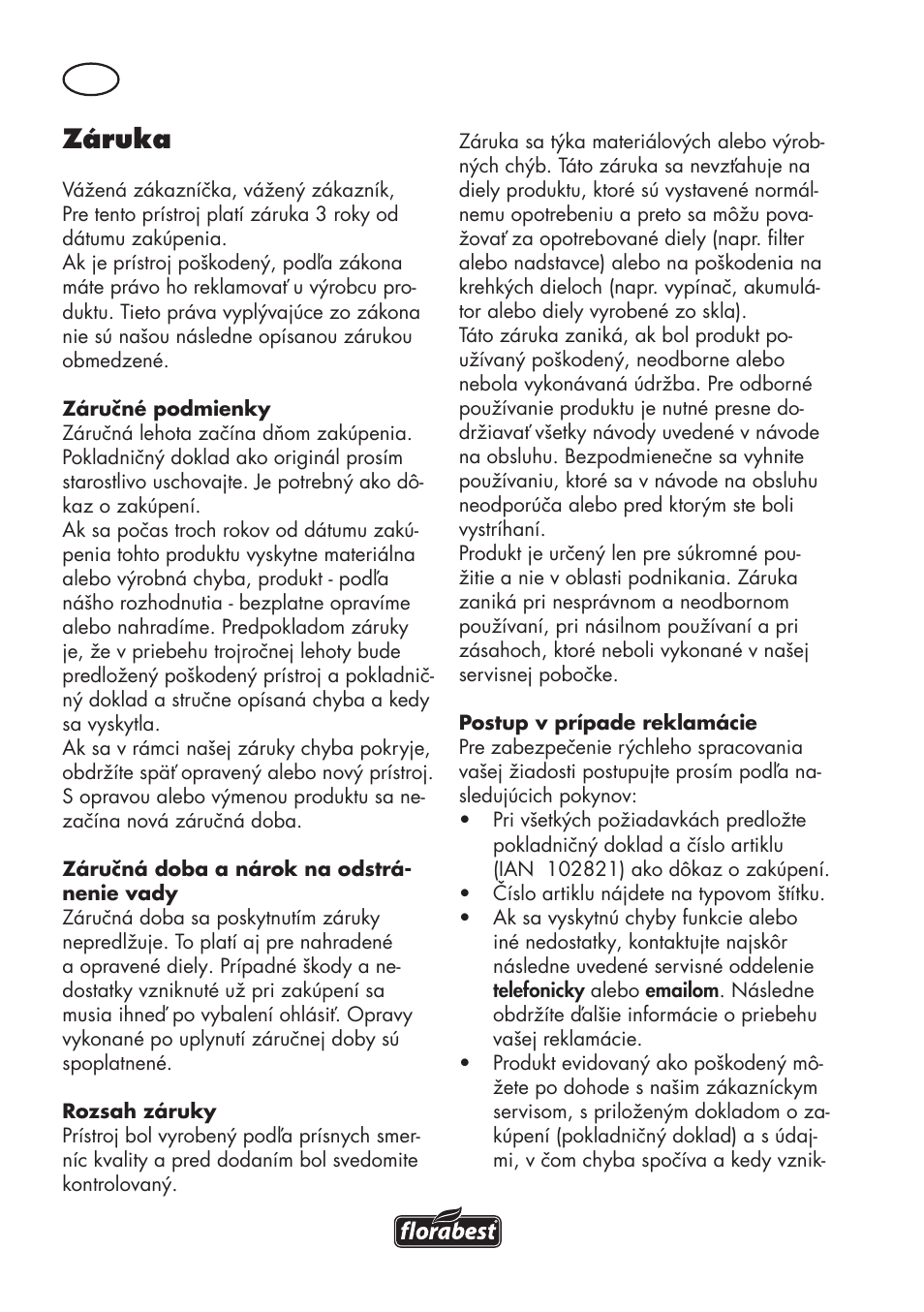 Záruka | Florabest FLV 1200 A1 User Manual | Page 90 / 116