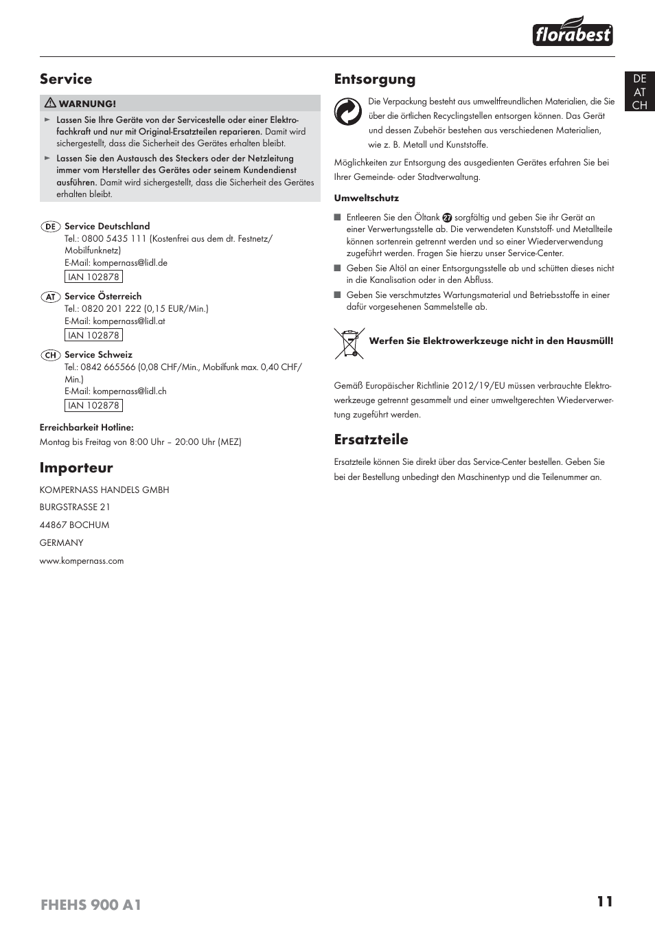 Service, Importeur, Entsorgung | Ersatzteile | Florabest FHEHS 900 A1 User Manual | Page 15 / 53
