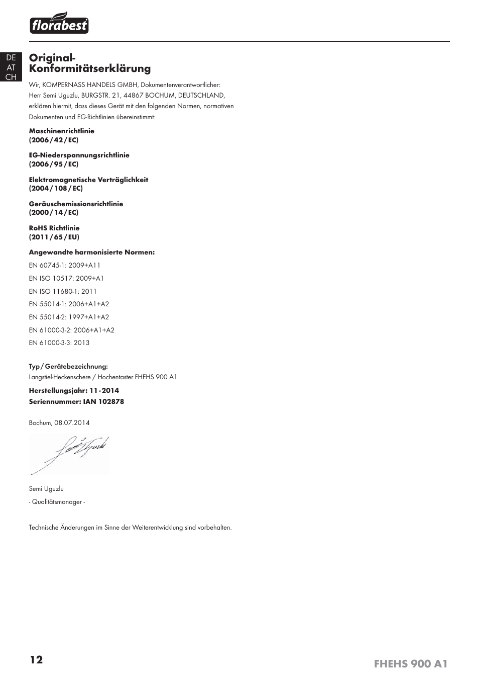 Original- konformitätserklärung | Florabest FHEHS 900 A1 User Manual | Page 16 / 53