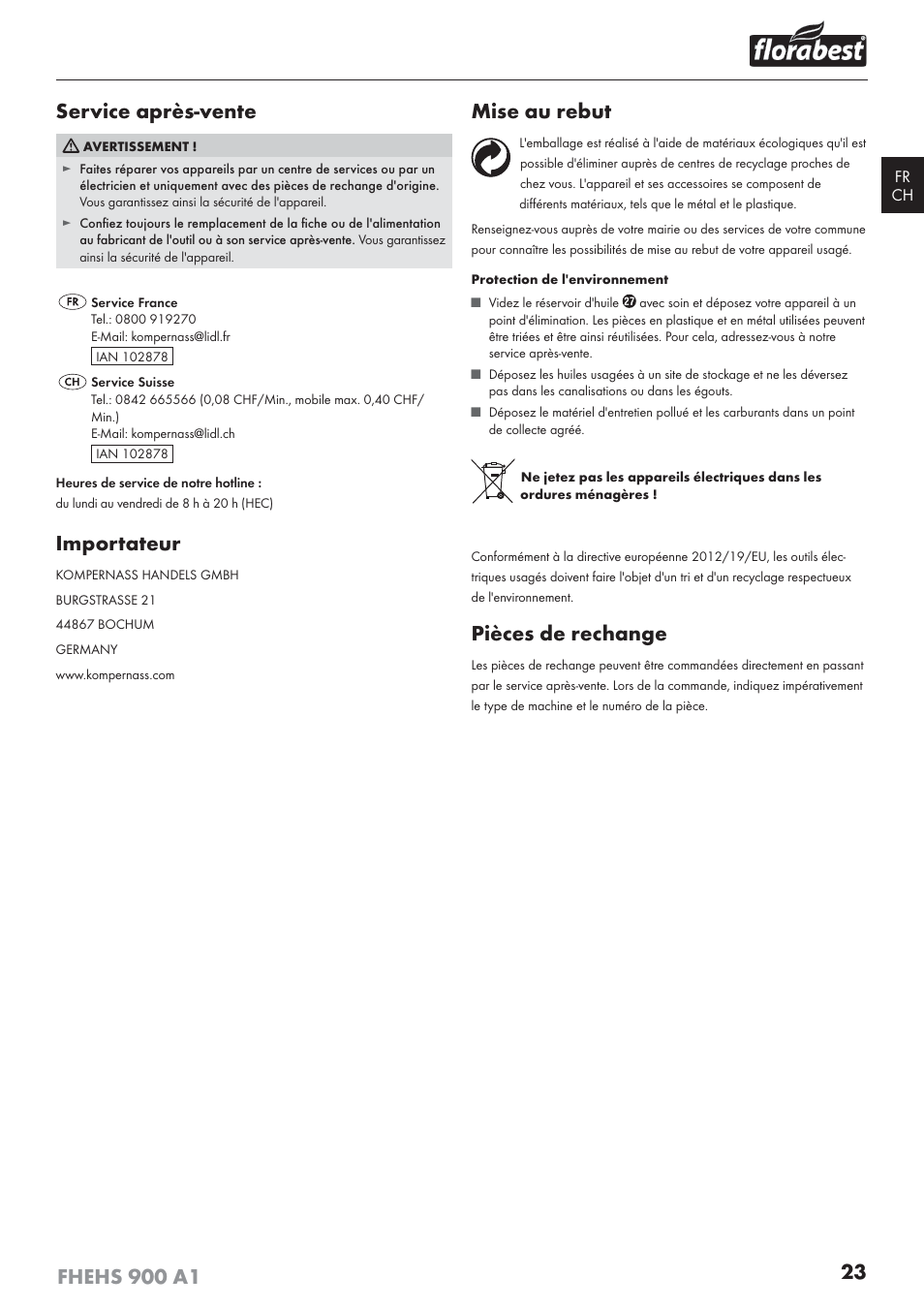 Service après-vente, Importateur, Mise au rebut | Pièces de rechange | Florabest FHEHS 900 A1 User Manual | Page 27 / 53