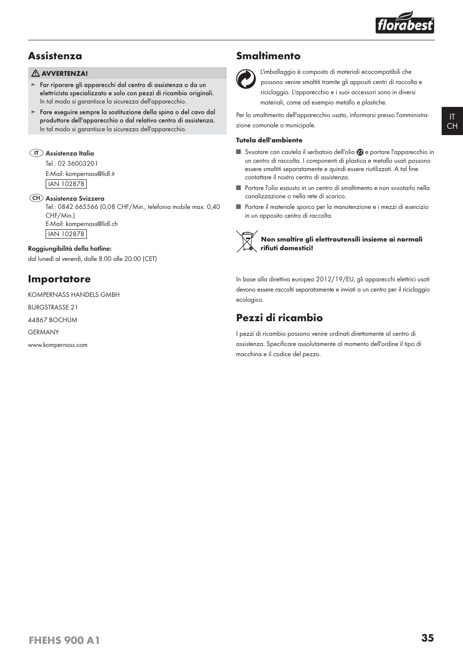 Assistenza, Importatore, Smaltimento | Pezzi di ricambio | Florabest FHEHS 900 A1 User Manual | Page 39 / 53