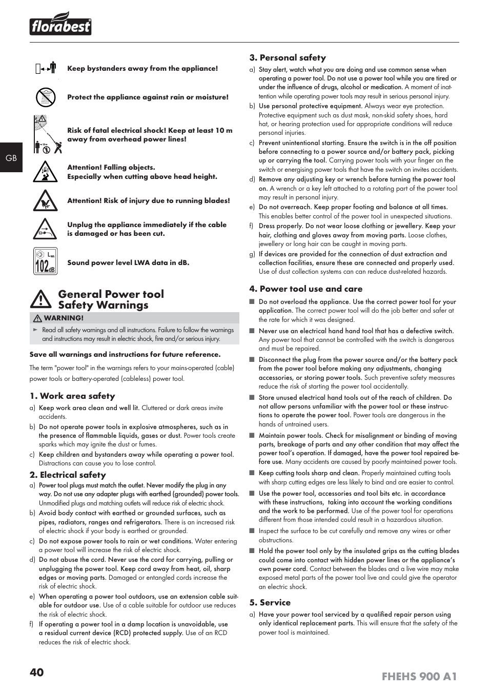 General power tool safety warnings | Florabest FHEHS 900 A1 User Manual | Page 44 / 53