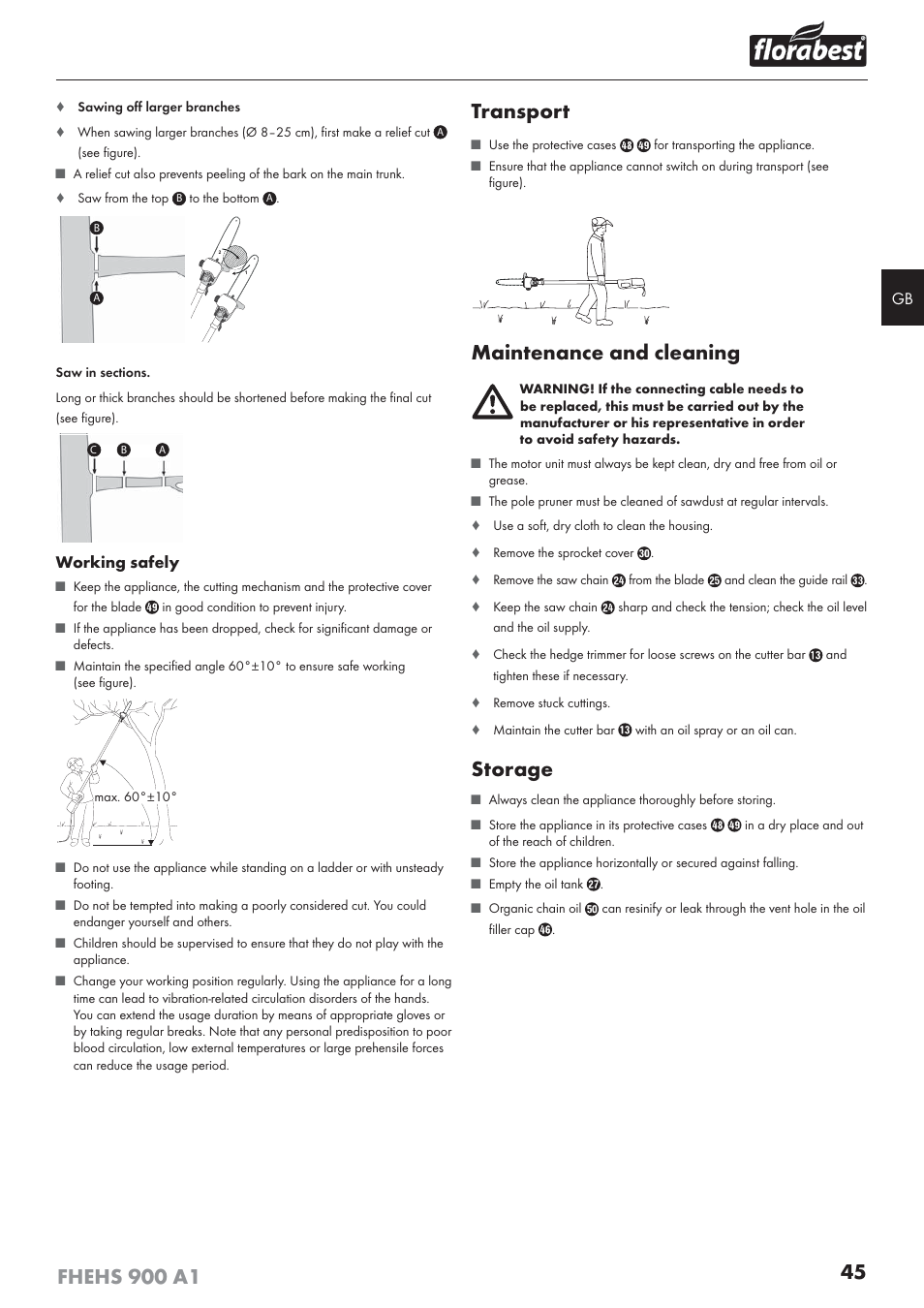 Transport, Maintenance and cleaning, Storage | Florabest FHEHS 900 A1 User Manual | Page 49 / 53