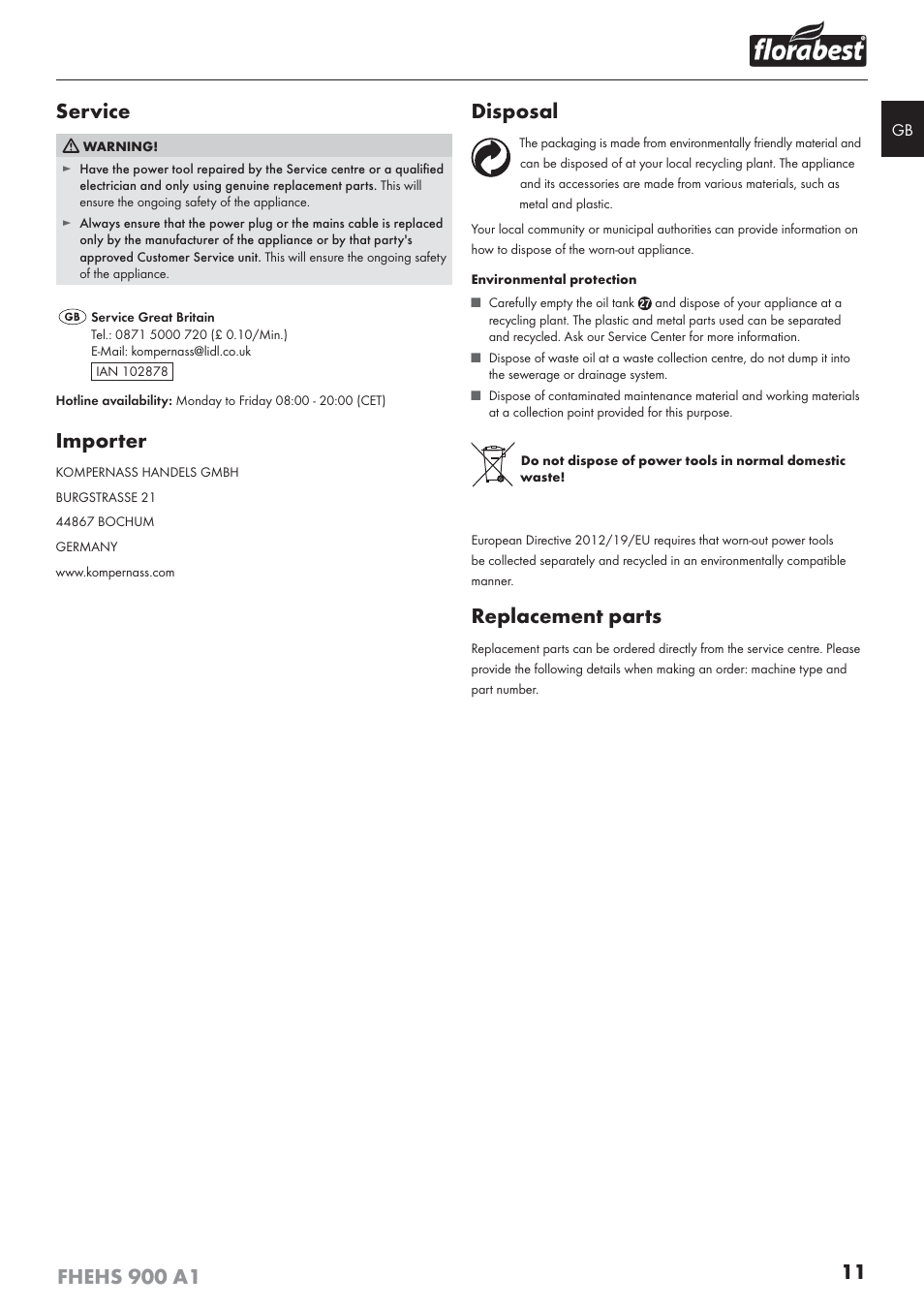 Service, Importer, Disposal | Replacement parts | Florabest FHEHS 900 A1 User Manual | Page 15 / 65