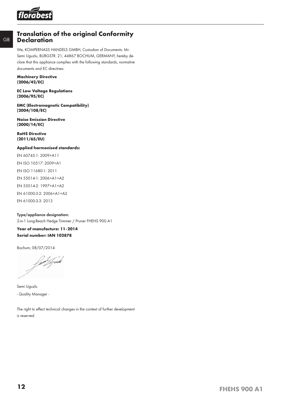 Translation of the original conformity declaration | Florabest FHEHS 900 A1 User Manual | Page 16 / 65