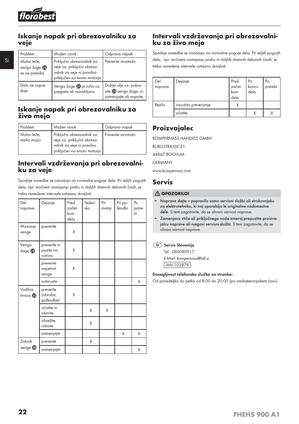 Iskanje napak pri obrezovalniku za veje, Iskanje napak pri obrezovalniku za živo mejo, Intervali vzdrževanja pri obrezovalni- ku za veje | Proizvajalec, Servis | Florabest FHEHS 900 A1 User Manual | Page 26 / 65
