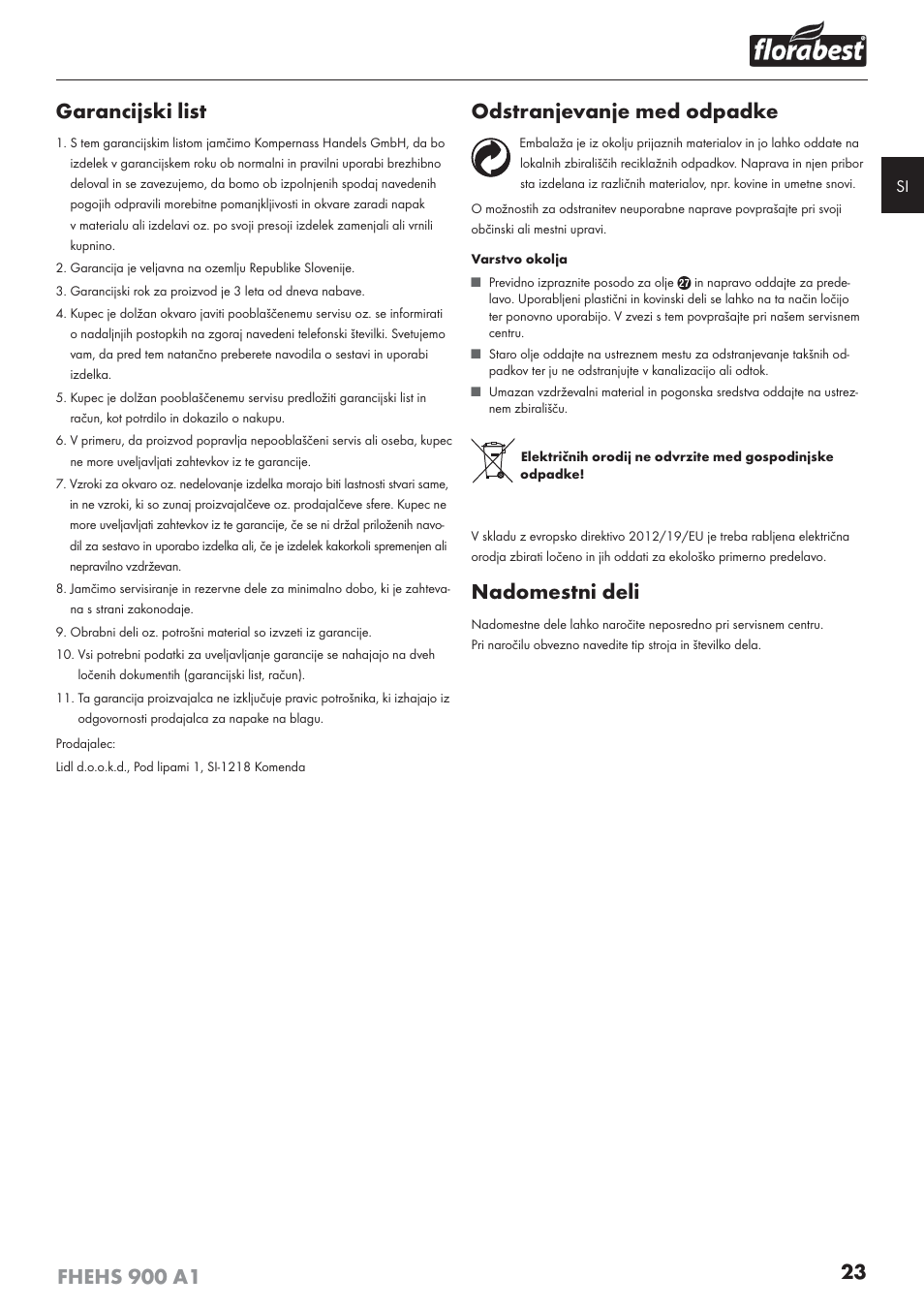 Garancijski list, Odstranjevanje med odpadke, Nadomestni deli | Florabest FHEHS 900 A1 User Manual | Page 27 / 65