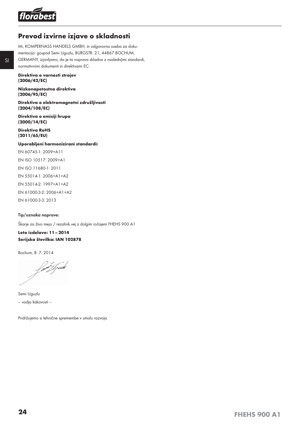 Prevod izvirne izjave o skladnosti | Florabest FHEHS 900 A1 User Manual | Page 28 / 65