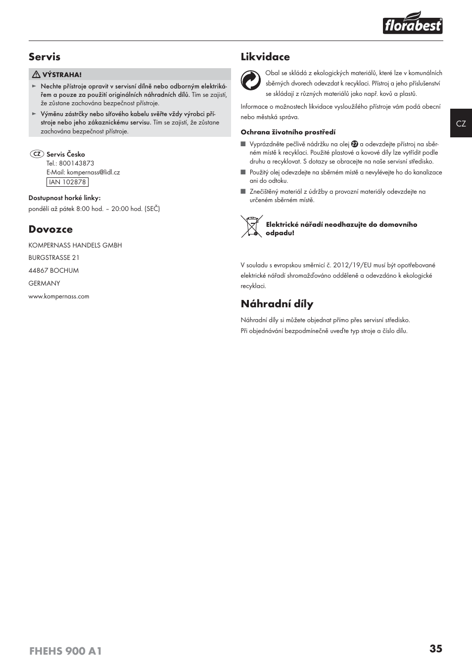 Servis, Dovozce, Likvidace | Náhradní díly | Florabest FHEHS 900 A1 User Manual | Page 39 / 65