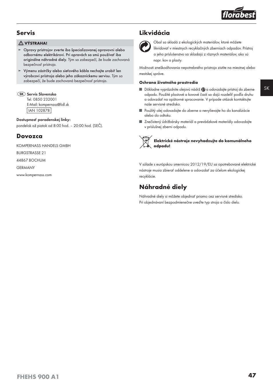 Servis, Dovozca, Likvidácia | Náhradné diely | Florabest FHEHS 900 A1 User Manual | Page 51 / 65