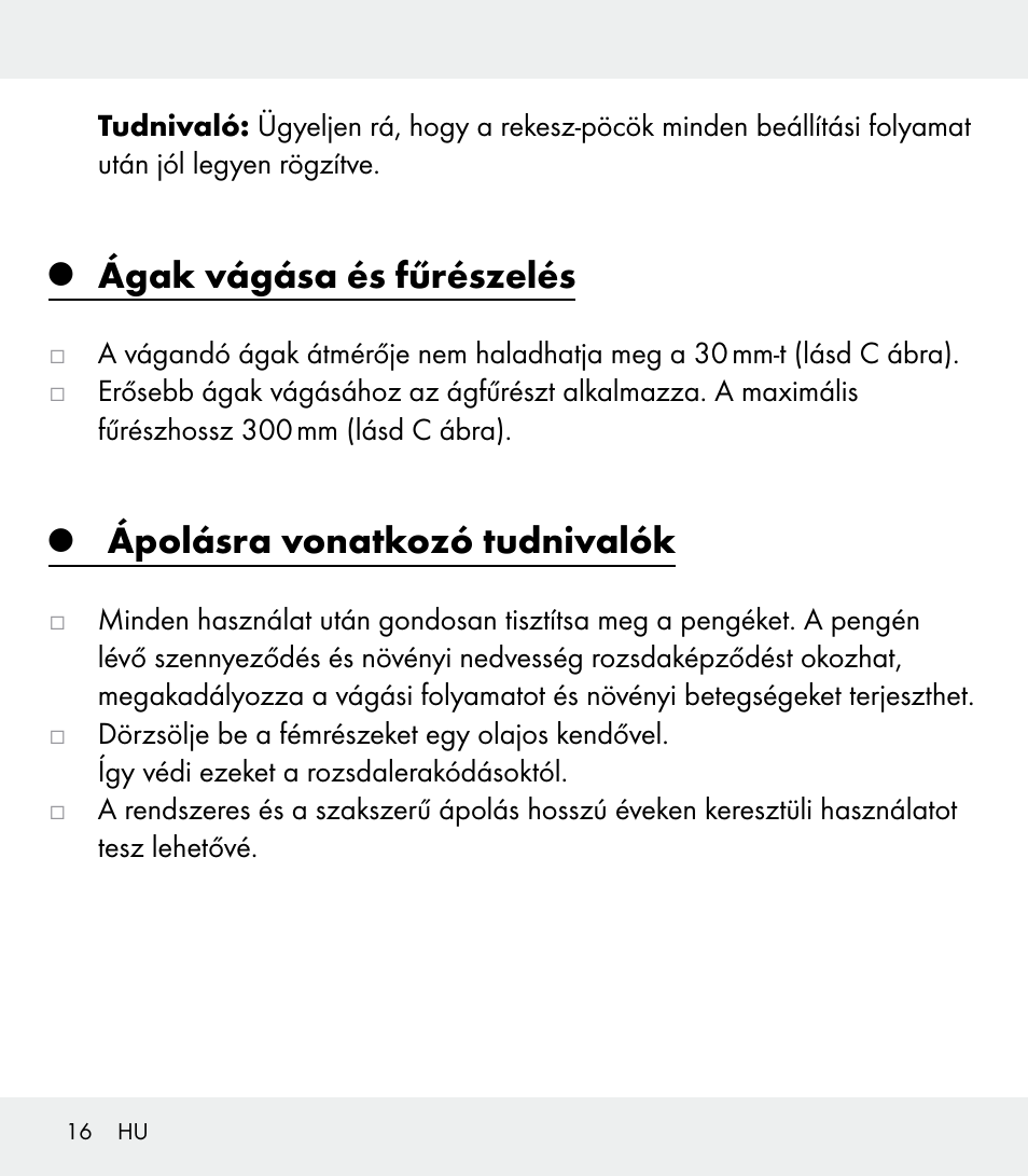 Ágak vágása és fűrészelés, Ápolásra vonatkozó tudnivalók | Florabest Z31309 User Manual | Page 16 / 44