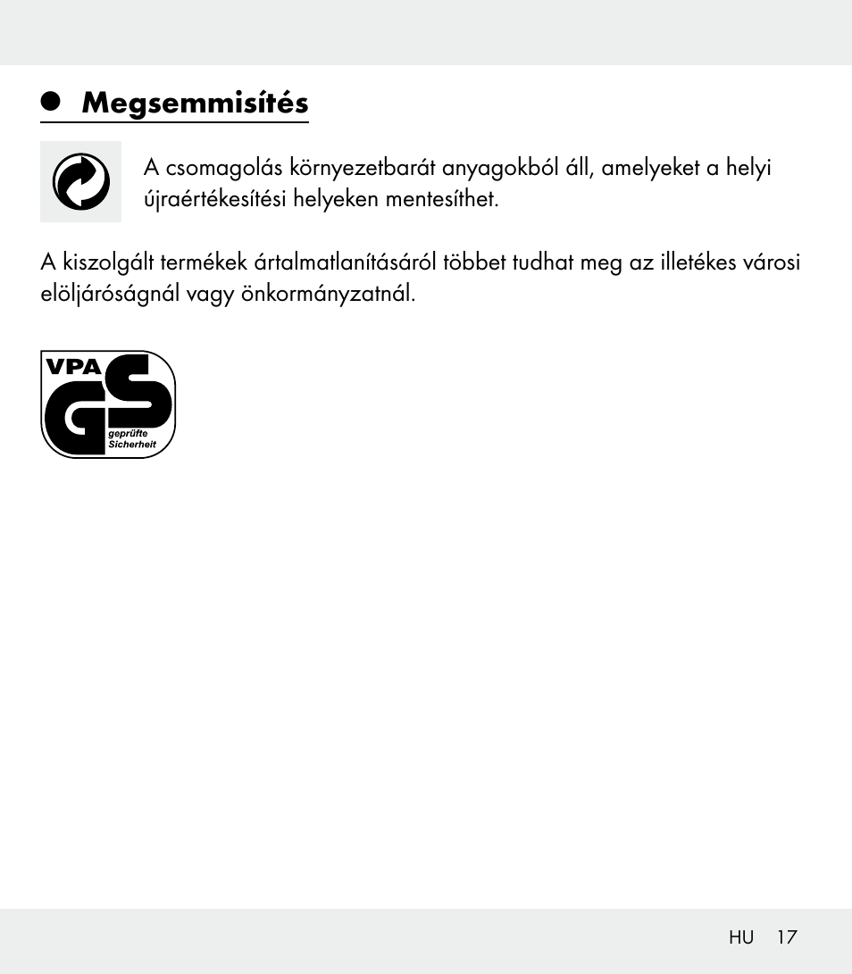 Megsemmisítés | Florabest Z31309 User Manual | Page 17 / 44