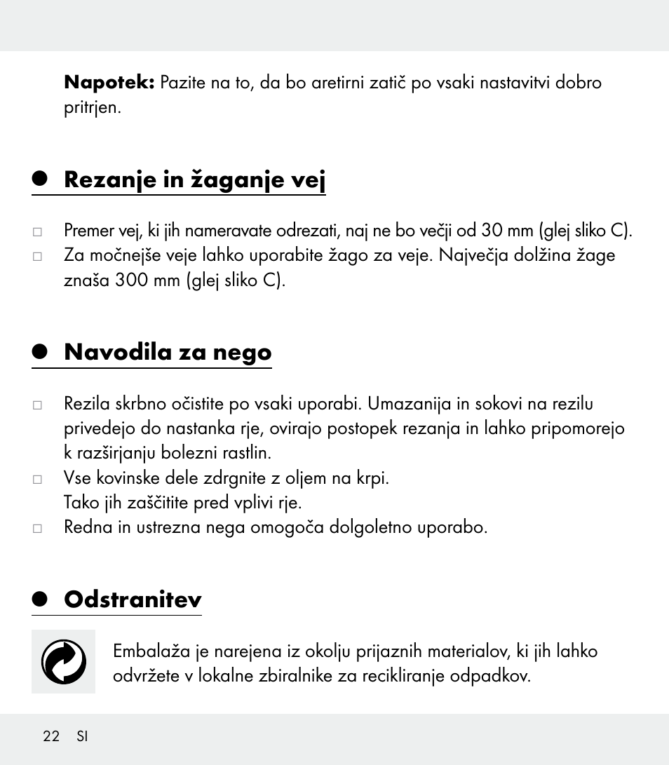 Rezanje in žaganje vej, Navodila za nego, Odstranitev | Florabest Z31309 User Manual | Page 22 / 44