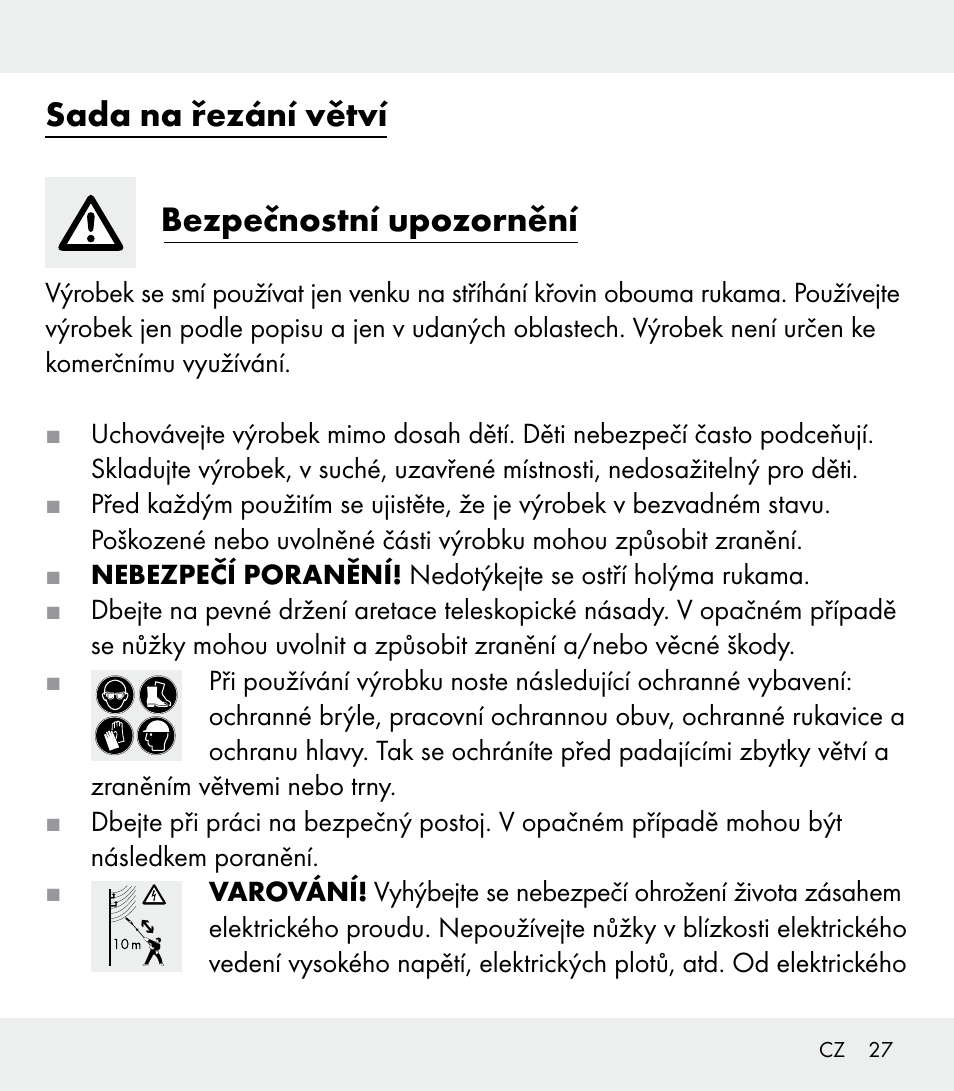 Sada na řezání větví bezpečnostní upozornění | Florabest Z31309 User Manual | Page 27 / 44