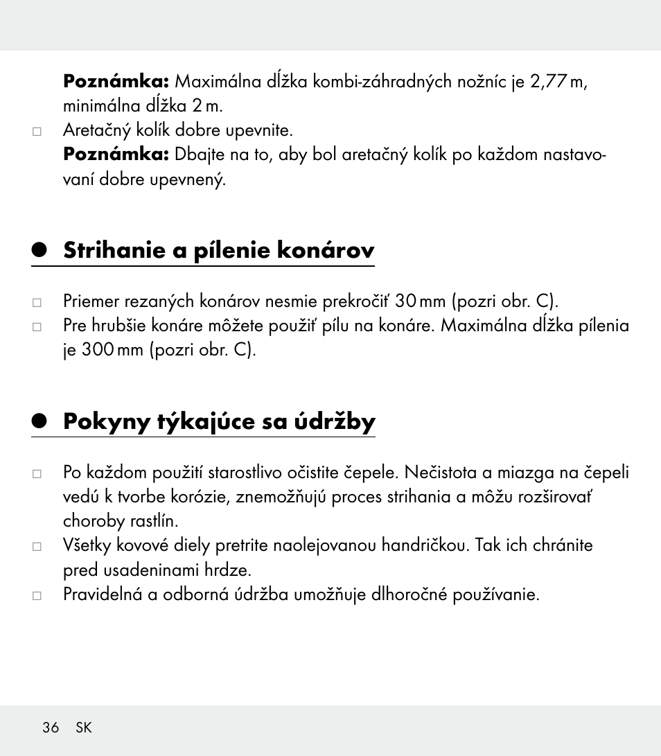 Strihanie a pílenie konárov, Pokyny týkajúce sa údržby | Florabest Z31309 User Manual | Page 36 / 44