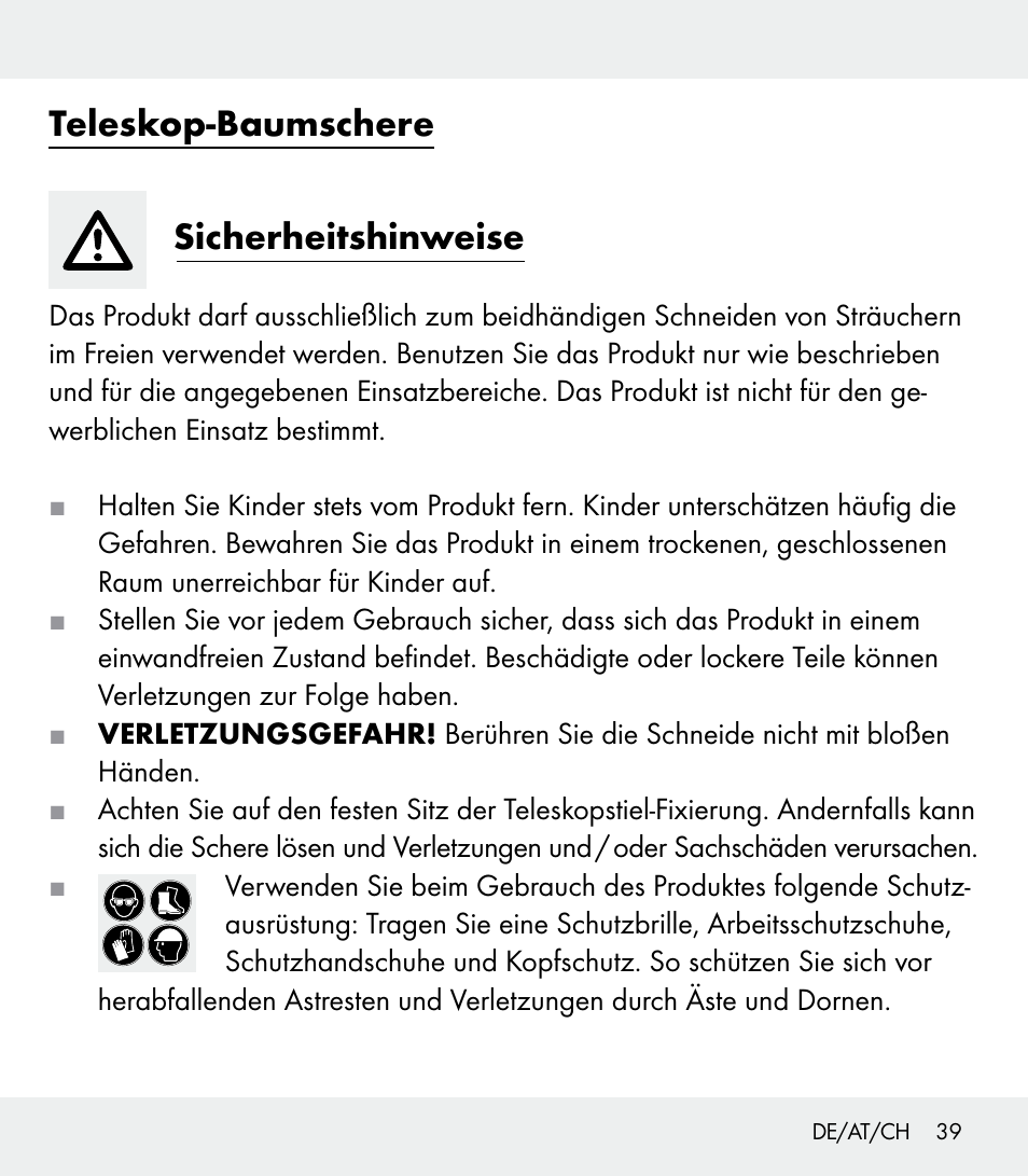 Teleskop-baumschere sicherheitshinweise | Florabest Z31309 User Manual | Page 39 / 44