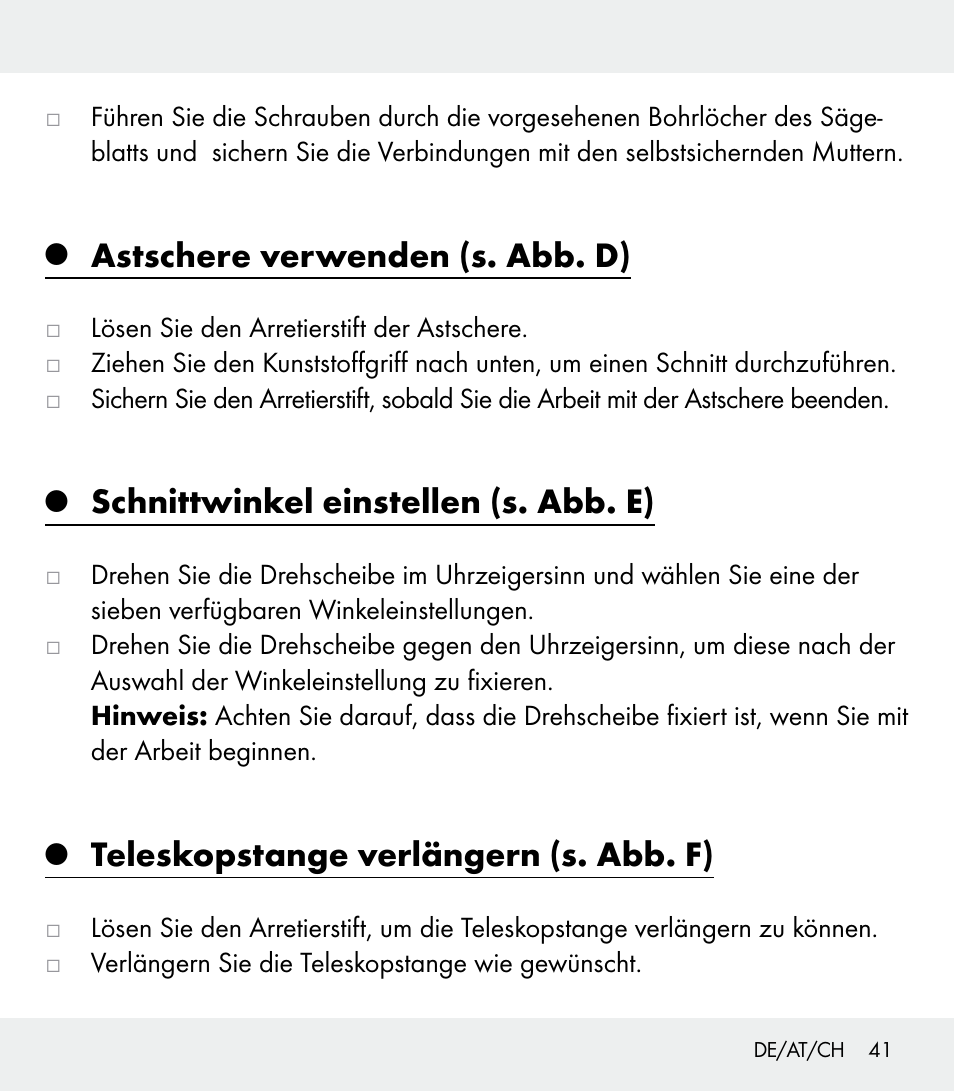 Astschere verwenden (s. abb. d), Schnittwinkel einstellen (s. abb. e), Teleskopstange verlängern (s. abb. f) | Florabest Z31309 User Manual | Page 41 / 44