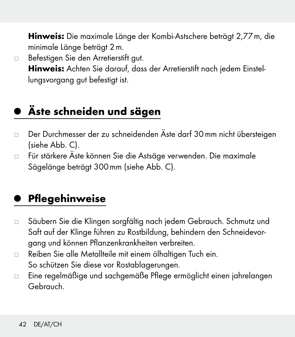 Äste schneiden und sägen, Pflegehinweise | Florabest Z31309 User Manual | Page 42 / 44