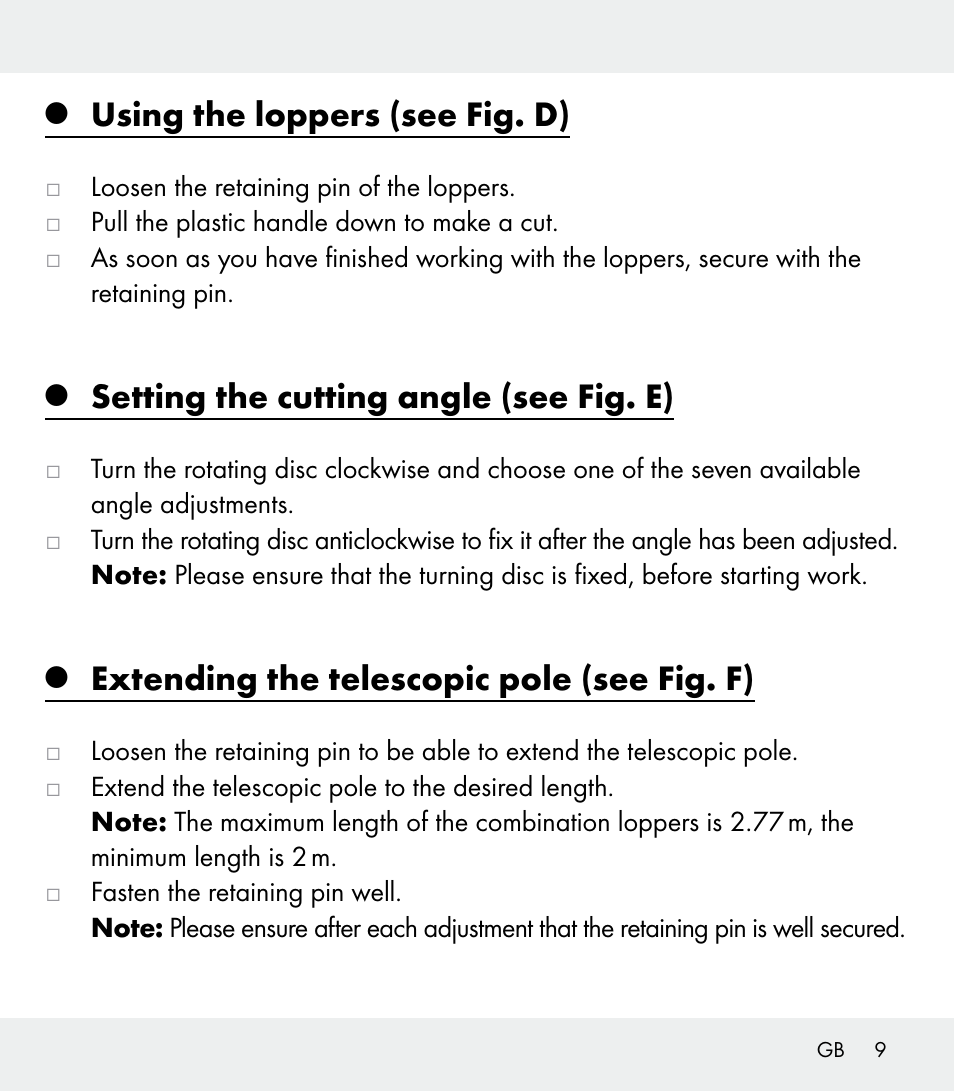 Using the loppers (see fig. d), Setting the cutting angle (see fig. e), Extending the telescopic pole (see fig. f) | Florabest Z31309 User Manual | Page 9 / 44