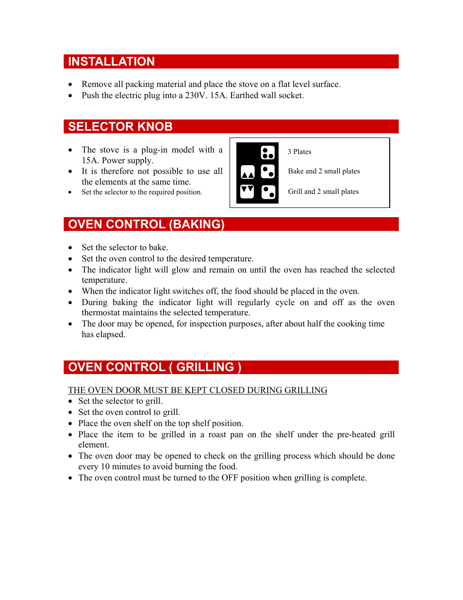Installation, Selector knob, Oven control (baking) | Oven control ( grilling ) | Defy Appliances 501C User Manual | Page 2 / 5
