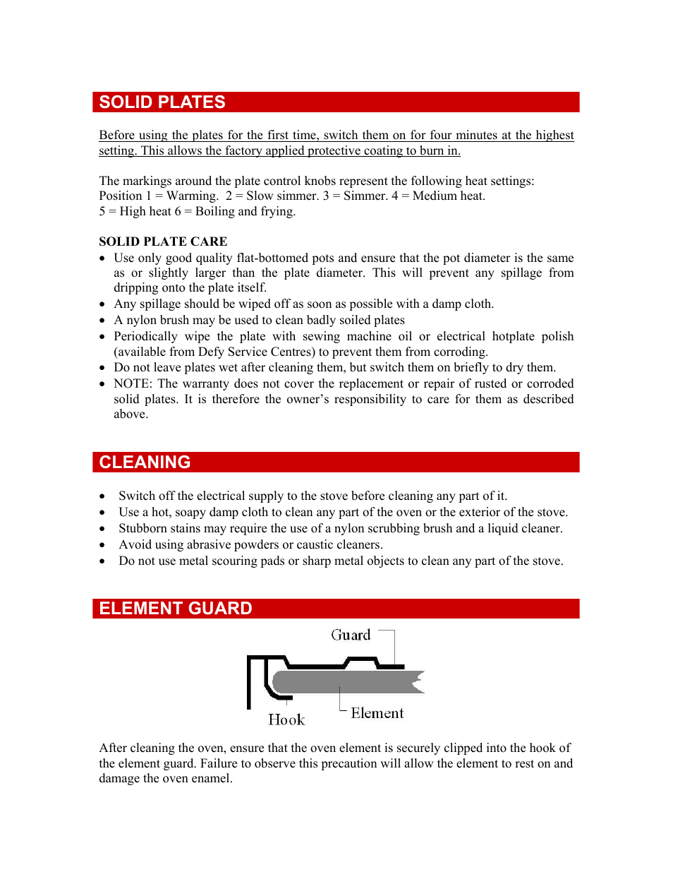 Solid plates, Cleaning, Element guard | Defy Appliances 501C User Manual | Page 3 / 5