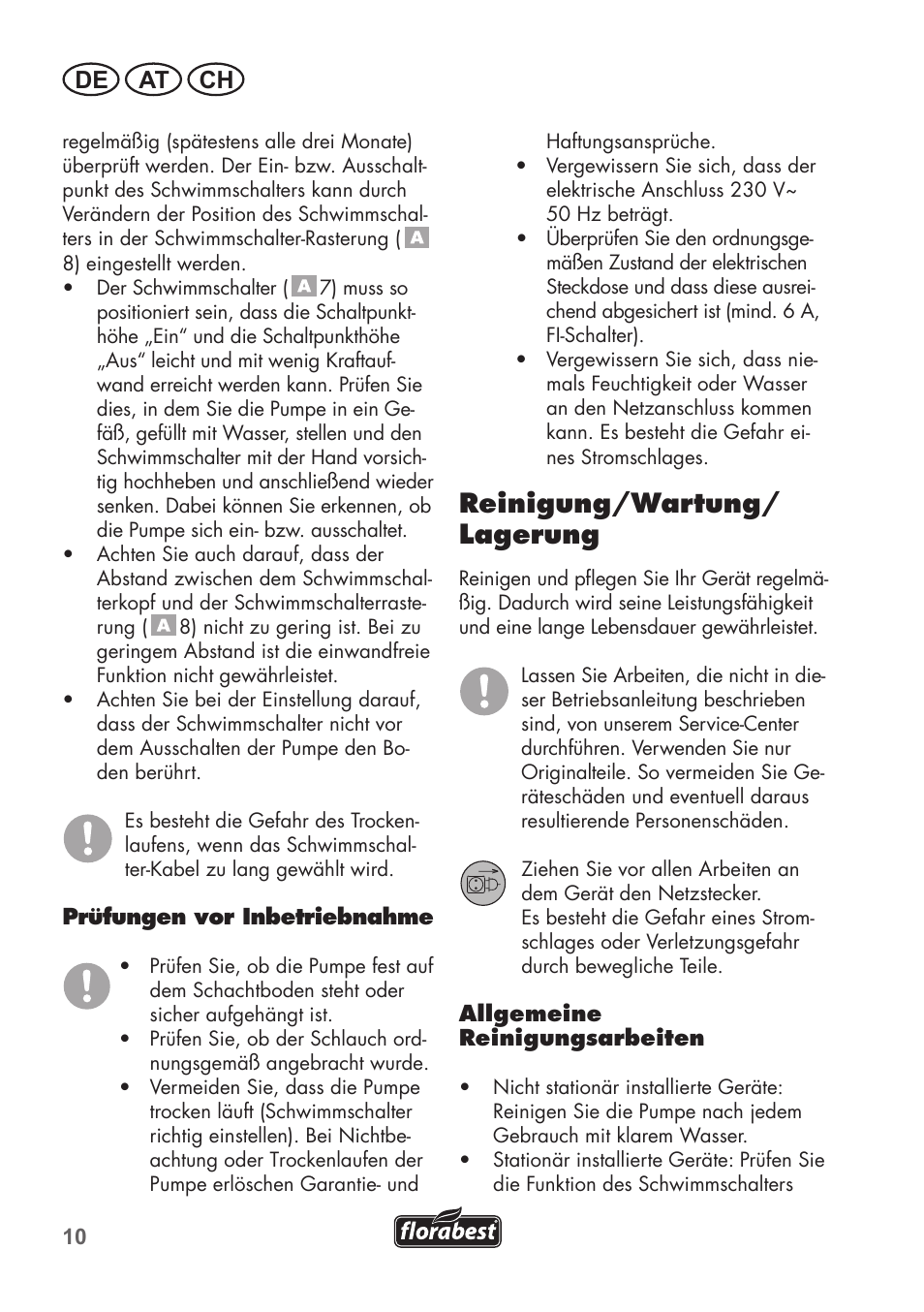 Reinigung/wartung/ lagerung, De at ch | Florabest FTS 1100 C3 User Manual | Page 10 / 50