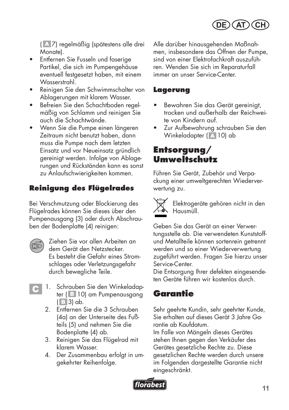 Entsorgung/ umweltschutz, Garantie, De at ch | Florabest FTS 1100 C3 User Manual | Page 11 / 50