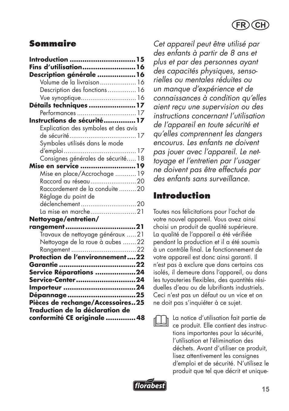 Introduction, Sommaire | Florabest FTS 1100 C3 User Manual | Page 15 / 50