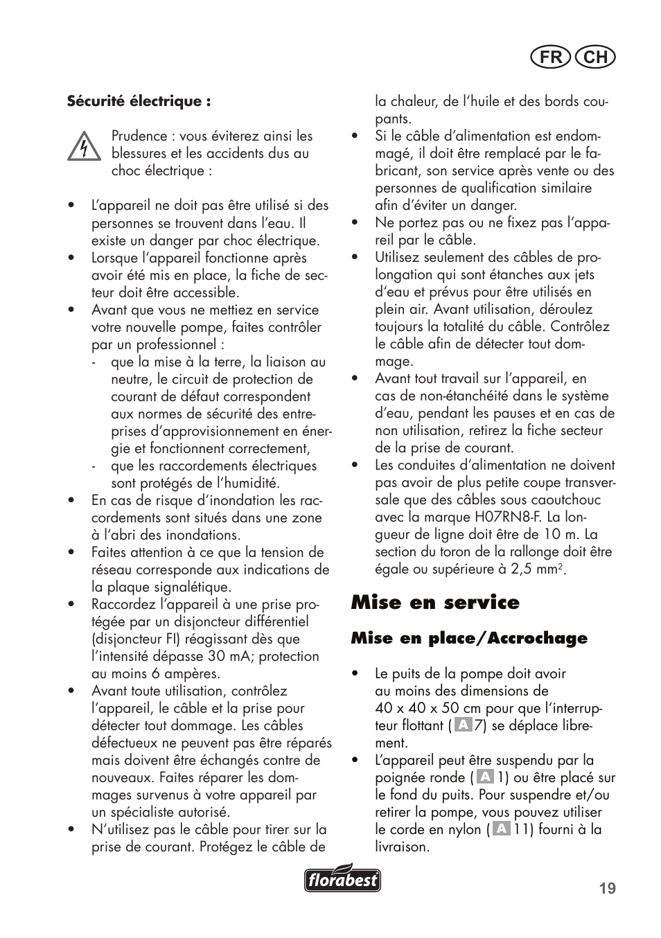 Mise en service, Fr ch | Florabest FTS 1100 C3 User Manual | Page 19 / 50