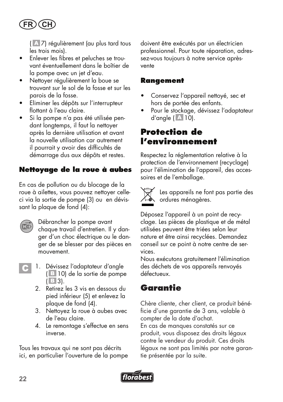 Protection de l’environnement, Garantie, Fr ch | Florabest FTS 1100 C3 User Manual | Page 22 / 50