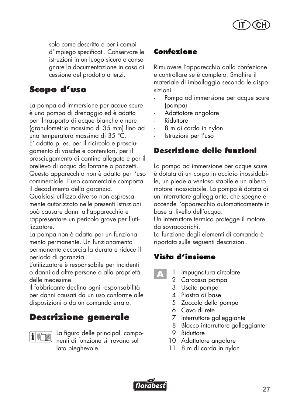 Scopo d’uso, Descrizione generale, It ch | Florabest FTS 1100 C3 User Manual | Page 27 / 50