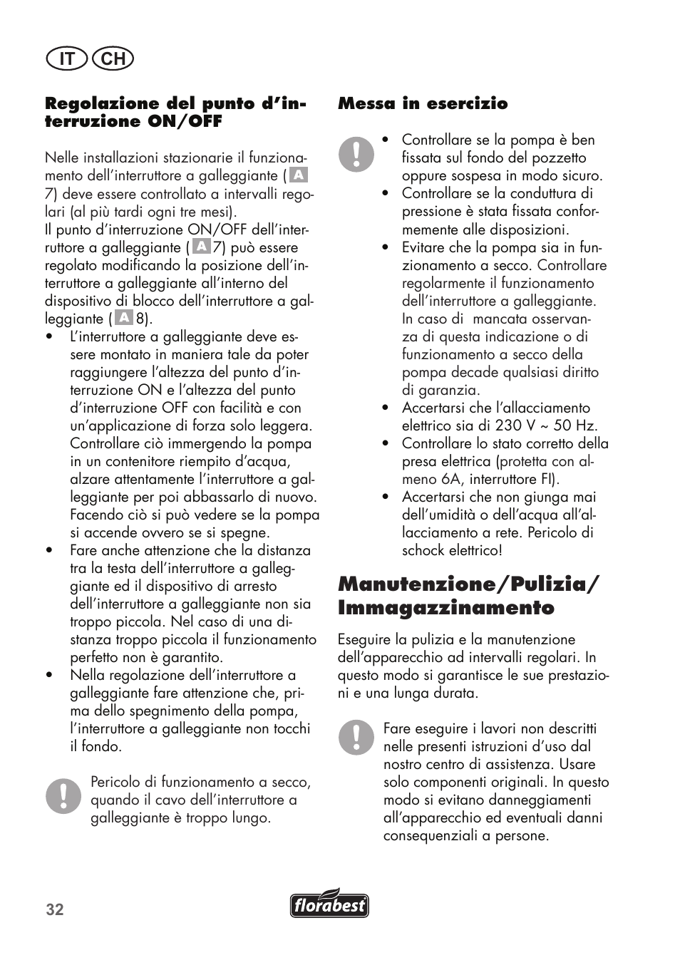 Manutenzione/pulizia/ immagazzinamento, It ch | Florabest FTS 1100 C3 User Manual | Page 32 / 50