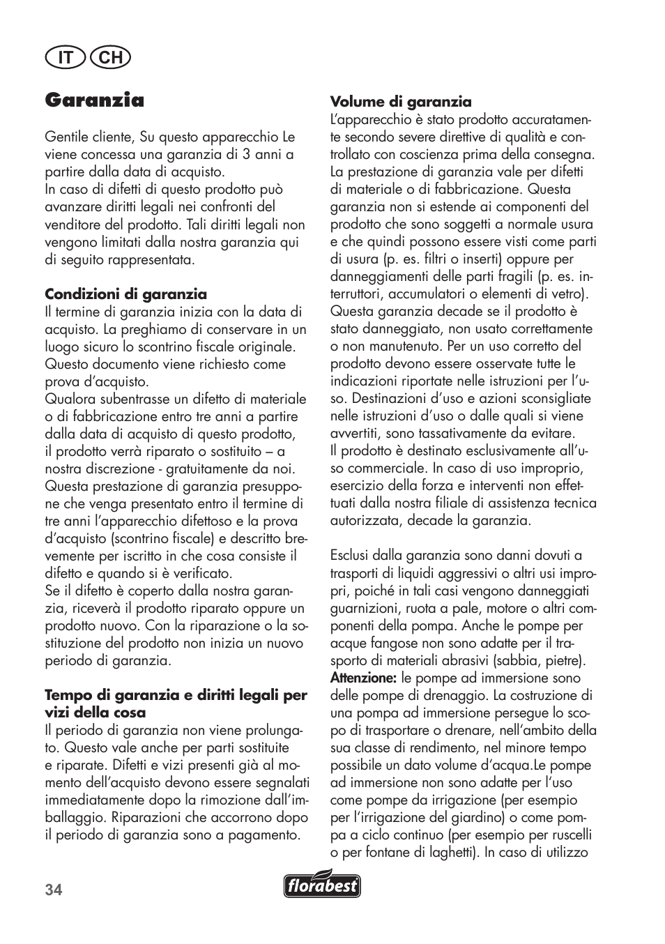 Garanzia, It ch | Florabest FTS 1100 C3 User Manual | Page 34 / 50
