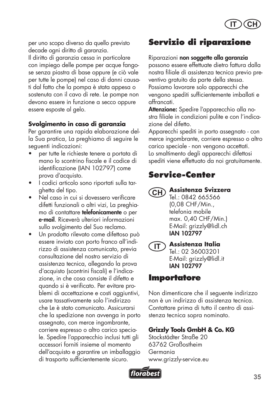 Servizio di riparazione, Service-center, Importatore | It ch, Ch it | Florabest FTS 1100 C3 User Manual | Page 35 / 50