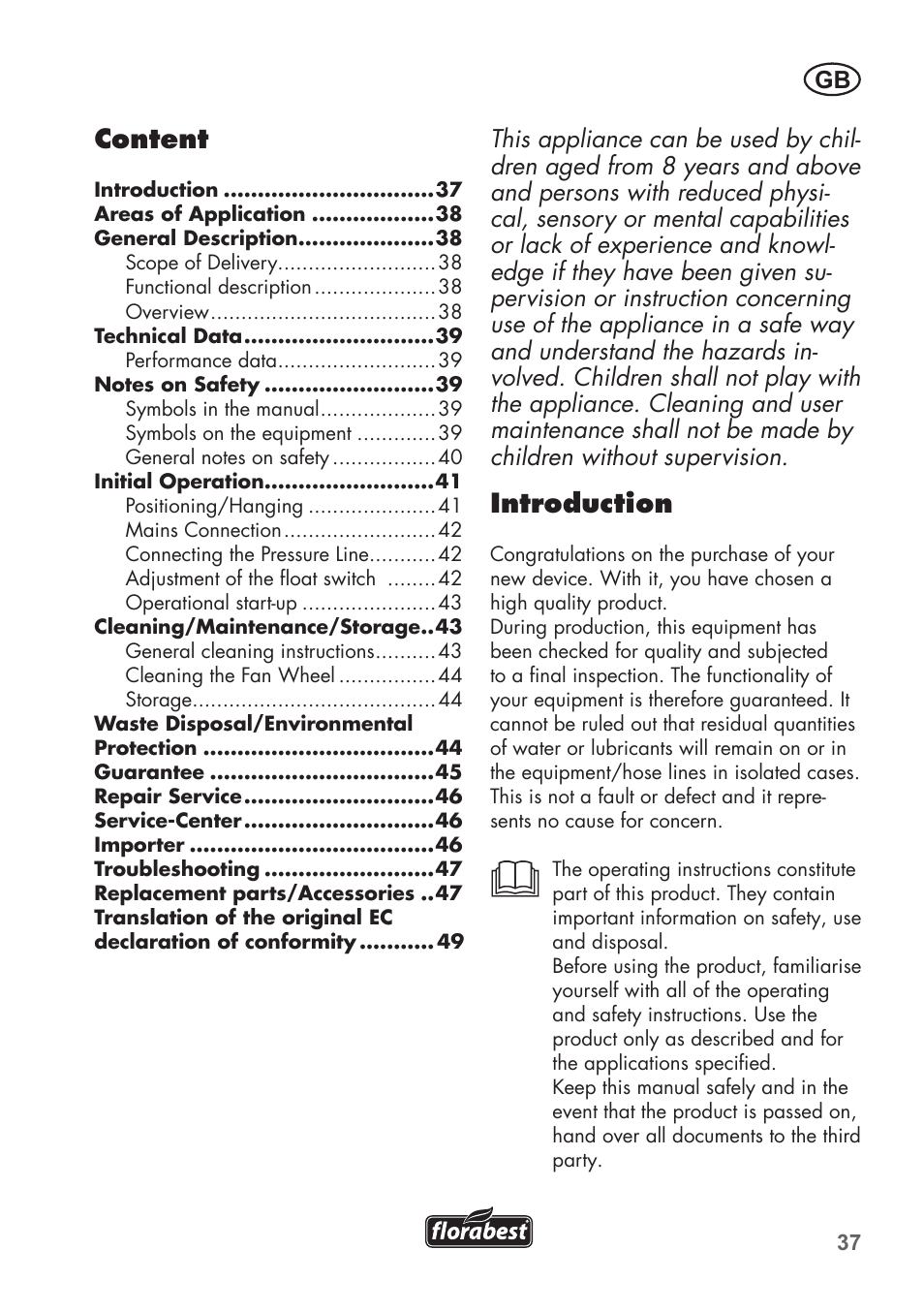 Introduction, Content | Florabest FTS 1100 C3 User Manual | Page 37 / 50